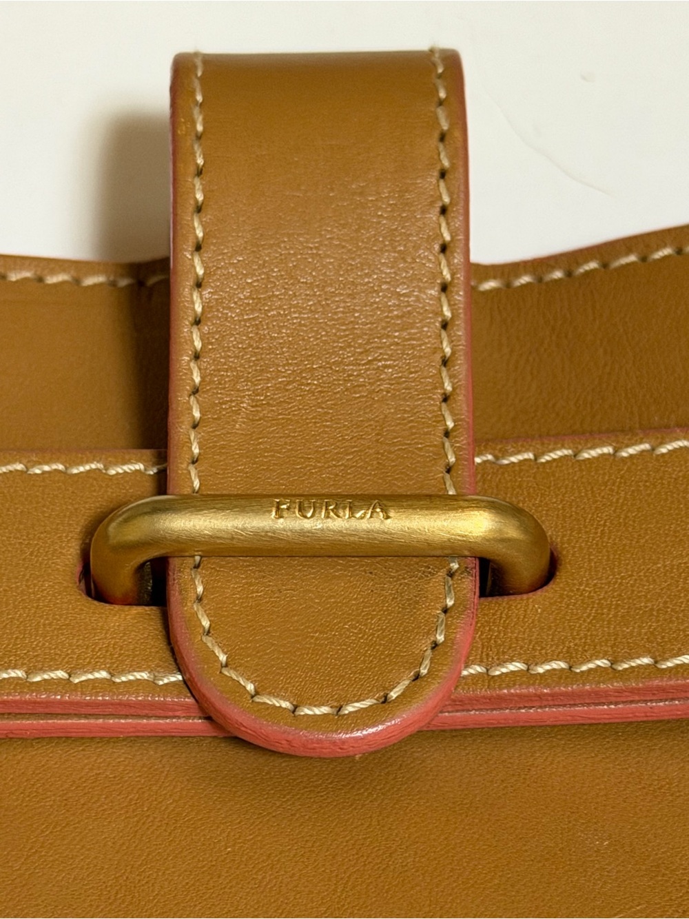 Furla Classic Tan Leather Tote Bag, tan with pink accent, excellent condition - Picture 2 of 15